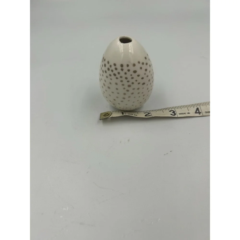 Ceramic Polka Dot Egg-Shaped Bud Vase, White/Beige, Glossy Finish, 3 in